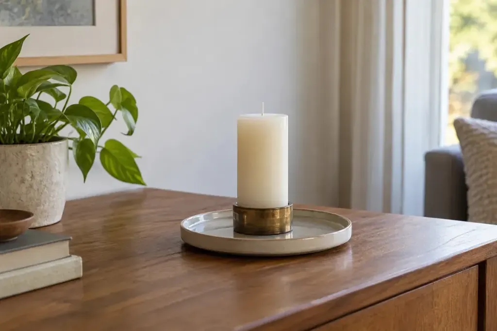 An unlit candle in a sturdy holder on a clear ceramic tray far from curtains.