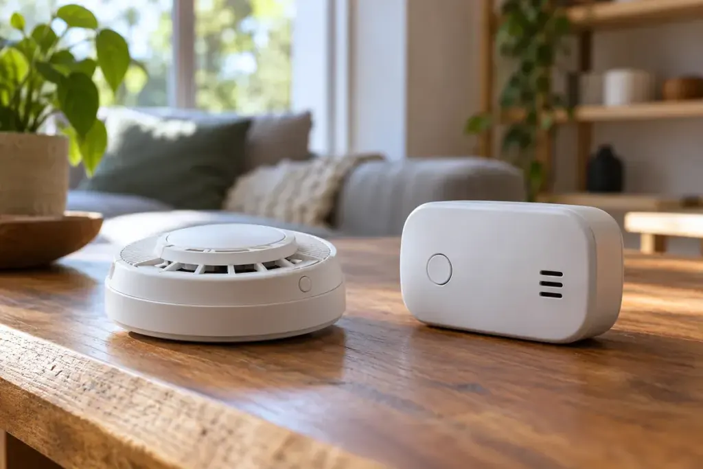 Two distinct unbranded household safety alarms on a wooden table.