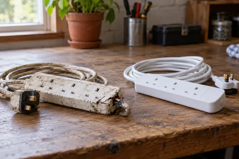 A damaged unplugged extension lead set apart from a replacement.