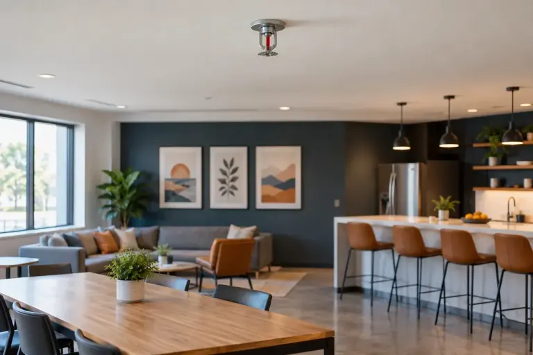 An ordinary commercial room with an unobstructed ceiling sprinkler head and decorations safely on a distant wall.
