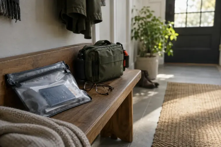 A weatherproof document pouch, spare spectacles and compact emergency bag on a hallway bench.