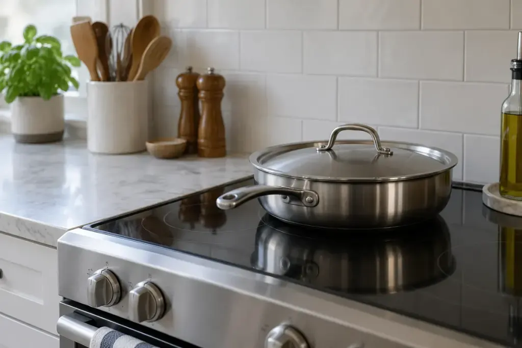 A covered metal pan on a clean kitchen stovetop.
