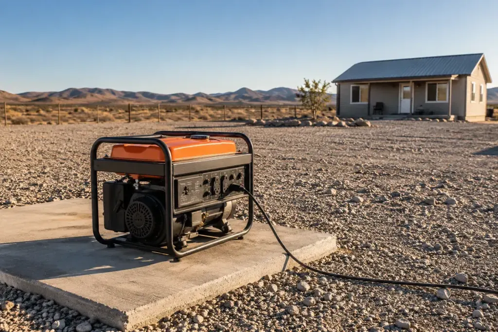 A portable generator on a concrete pad in an open gravel yard, with a house in the distance.