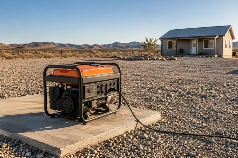 A portable generator on a concrete pad in an open gravel yard, with a house in the distance.