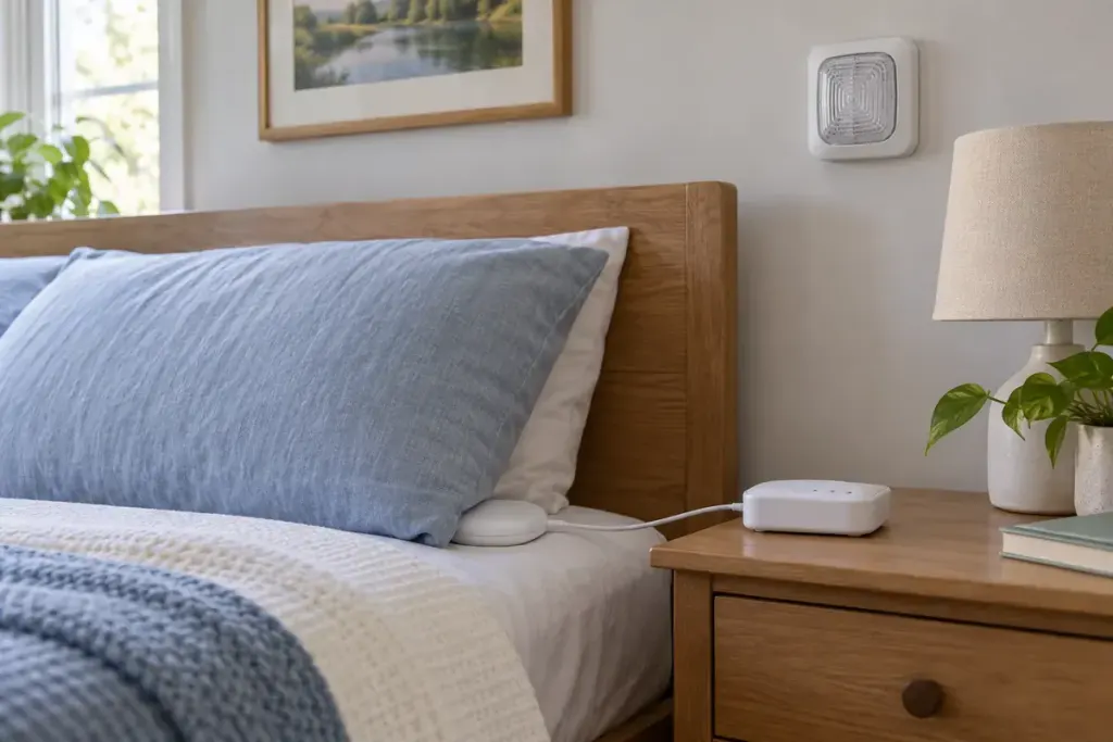 An accessible bedroom with a bed shaker alarm device and wall mounted visual alert, no emergency scene.