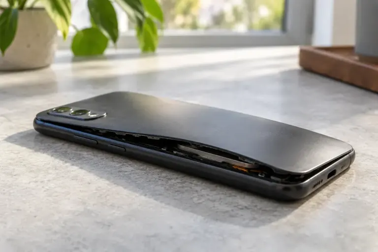 An unplugged smartphone with a visibly lifted back resting alone on a clear noncombustible work surface.