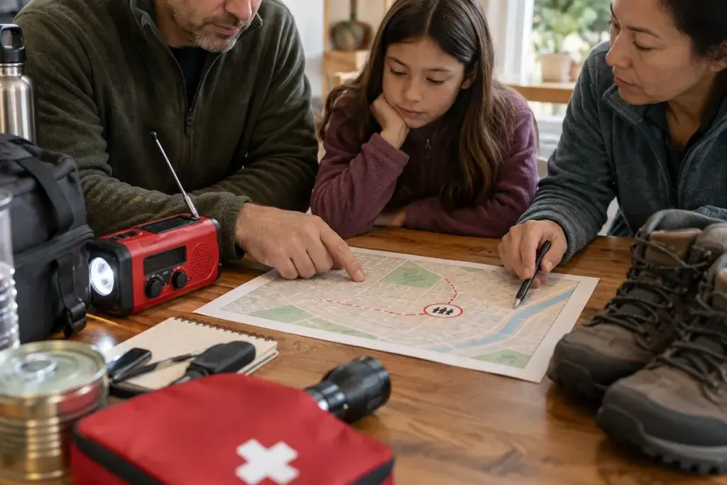 An emergency preparedness tabletop with a torch radio sturdy shoes and a household meeting-point map.