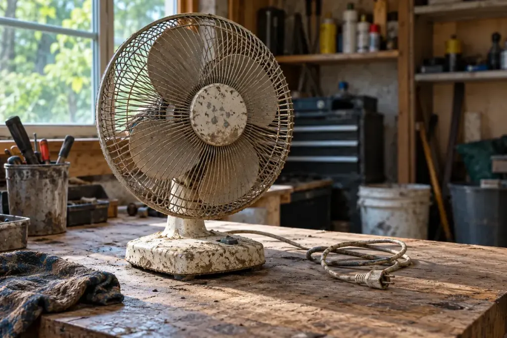 A disconnected mud-stained electric fan set aside on a dry workbench.