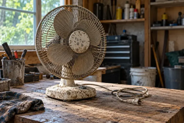 A disconnected mud-stained electric fan set aside on a dry workbench.
