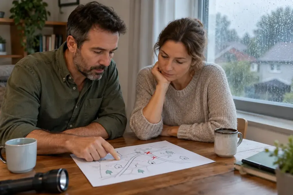 Two adults looking at a simple hand-drawn family meeting-point plan indoors during rainfall.