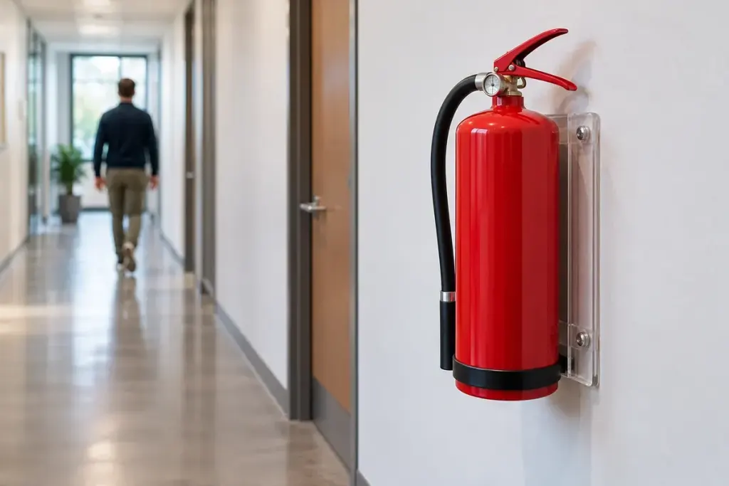 A red fire extinguisher on a clear wall bracket in a tidy corridor.