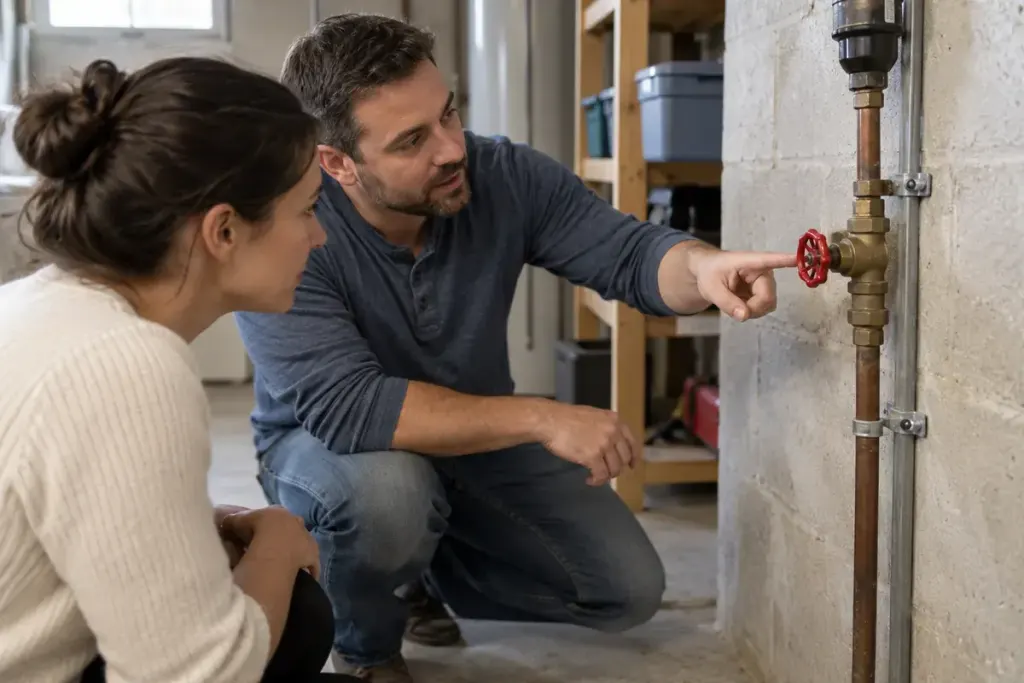 A homeowner pointing out a clearly accessible domestic water stop valve to another adult, dry surroundings.
