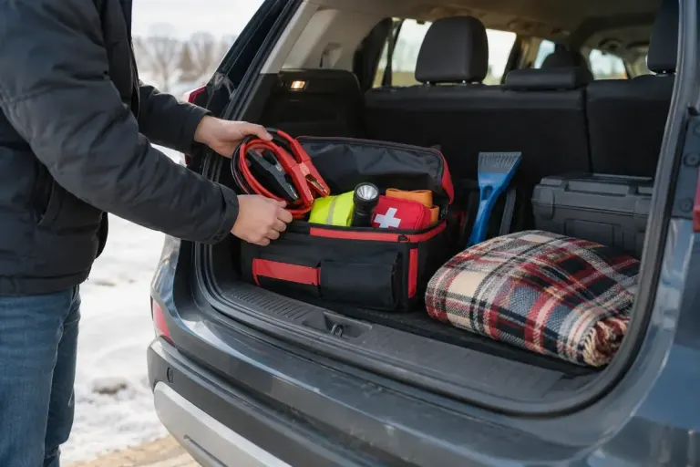 Neatly arranged vehicle emergency kit and folded blanket beside an open car boot.