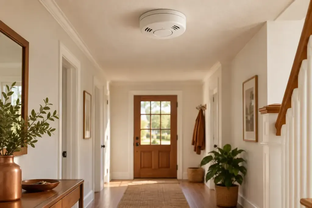 Smoke alarm above a clear household hallway