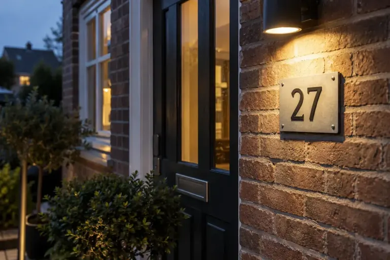 A clearly mounted generic house-number plaque illuminated beside a residential entrance at dusk.