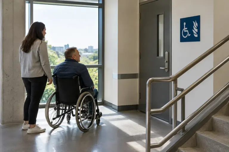 Clearly signed accessible refuge area in a modern public building.