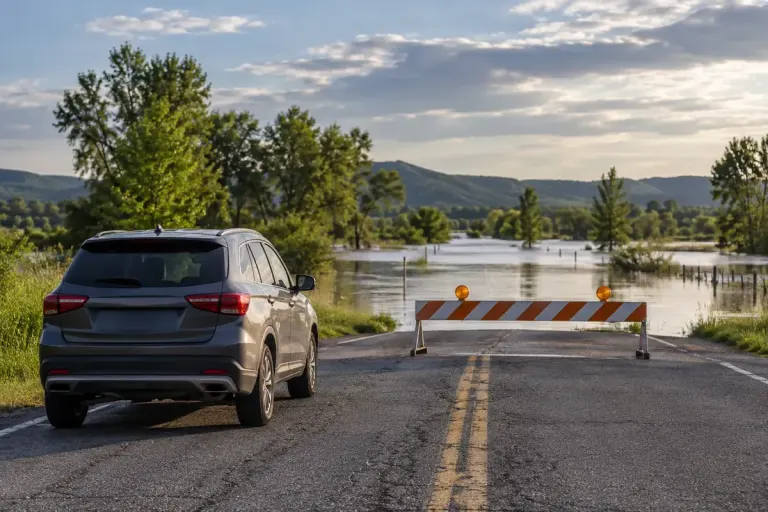 A stationary car safely far from a closed flooded road, clear road-closed barrier with no readable text, distant shallow-looking floodwater, no people entering water.