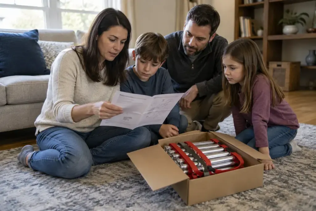 A family reading the instructions beside a boxed portable emergency escape ladder on a living room floor.