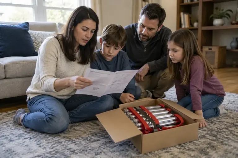 A family reading the instructions beside a boxed portable emergency escape ladder on a living room floor.