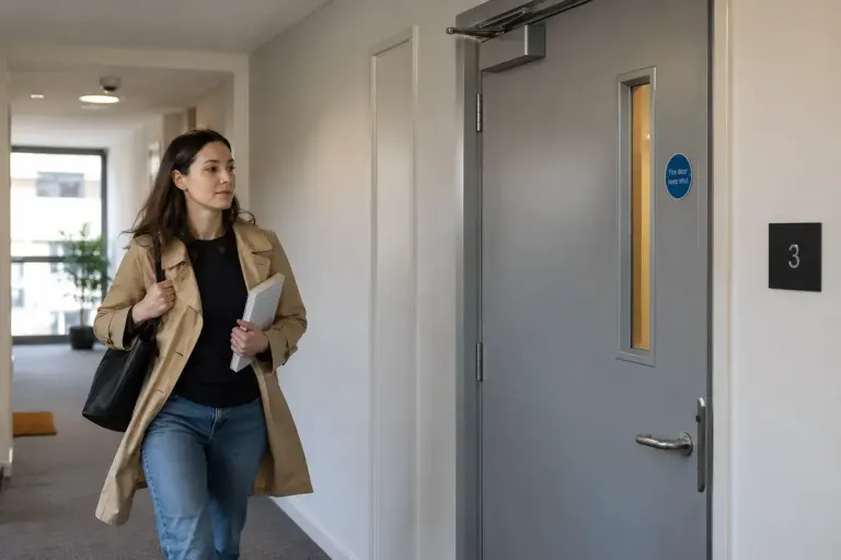 Ordinary apartment corridor with a closed fire door, intact overhead door closer and clear passage, no smoke or emergency scene.