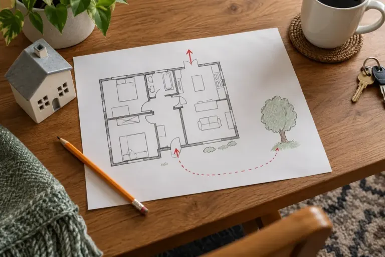 An illustrative home escape-plan sketch with exits and an outdoor meeting point.