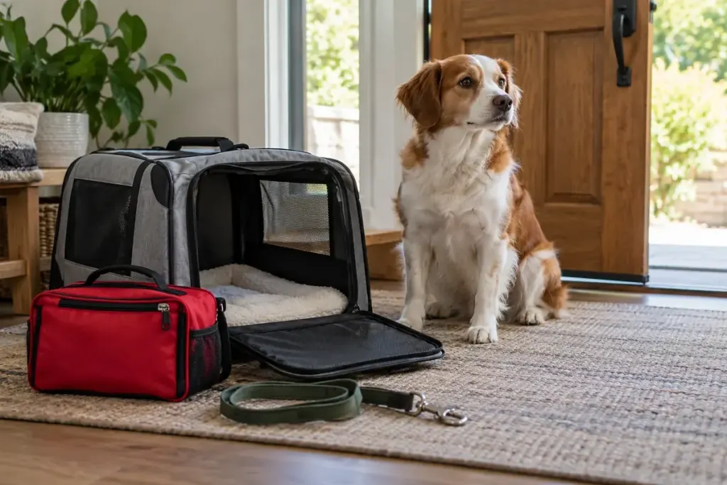 An open pet carrier beside a small emergency bag and a dog lead by a clear home exit.