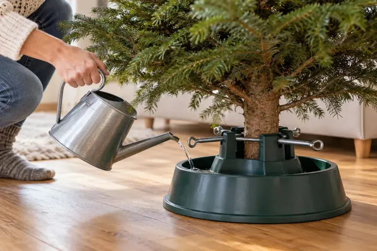 An adult adds water to the reservoir stand holding a Christmas tree upright.