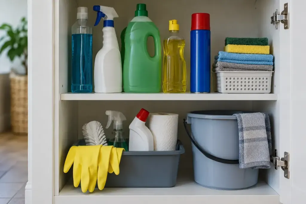 Clearly separated household cleaning products in intact original labelled containers in a secure cupboard.
