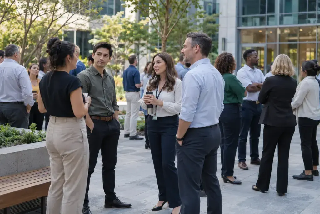 Office colleagues gathered in an open courtyard.