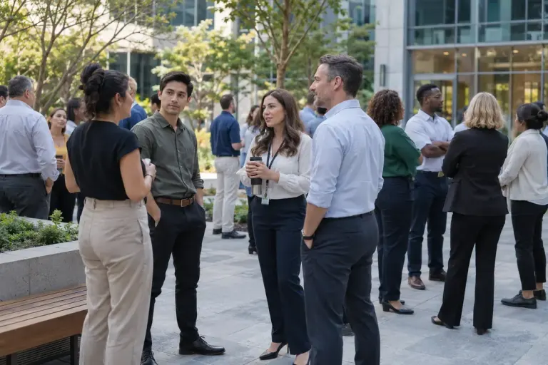 Office colleagues gathered in an open courtyard.