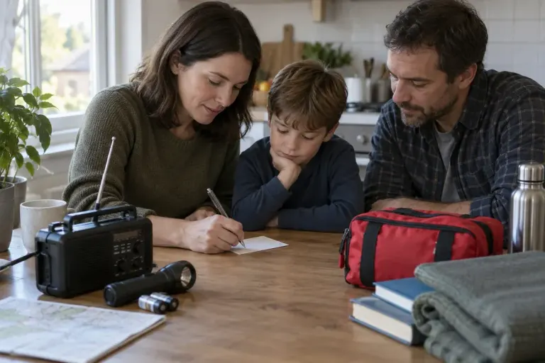 Family writing a compact emergency contact card at a kitchen table with battery radio and small closed emergency bag.