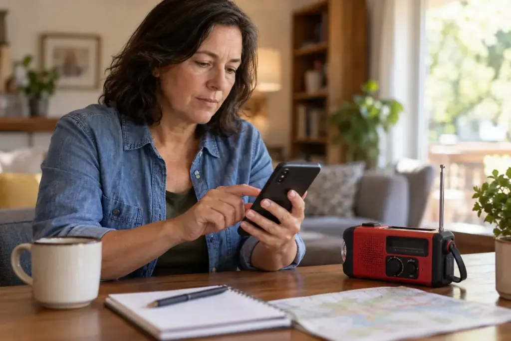 An adult reviewing smartphone settings beside an emergency radio on a home table.