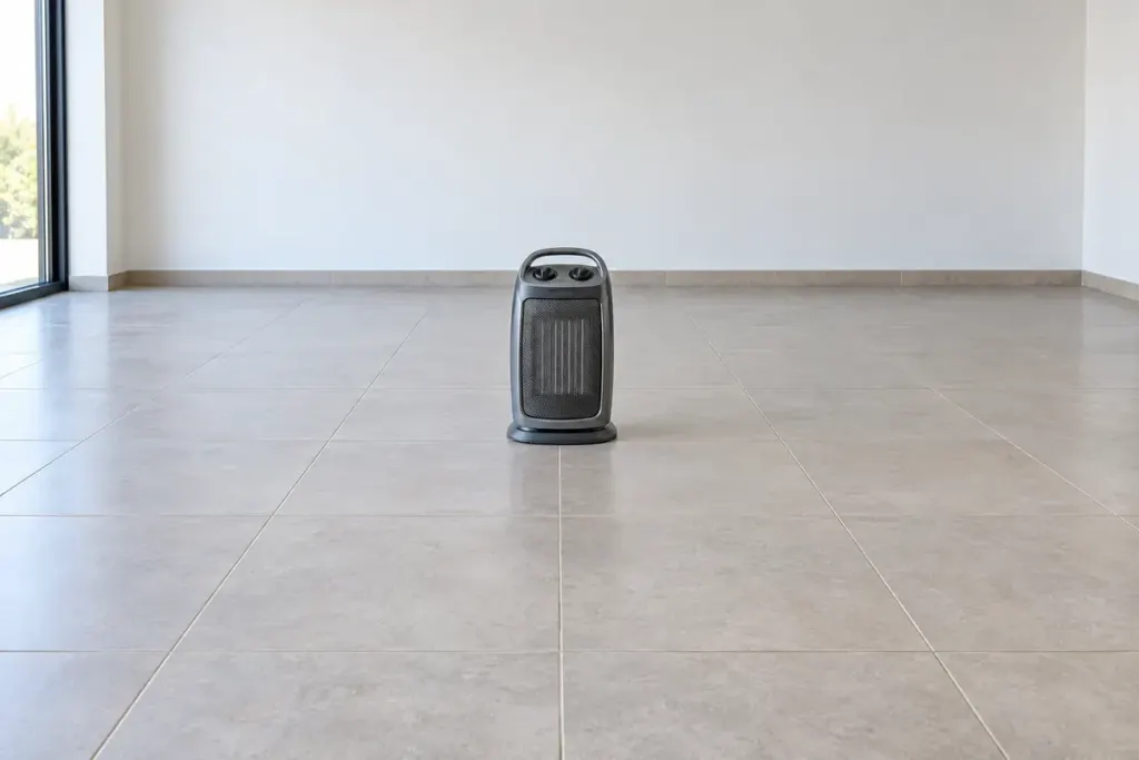 A switched-off portable heater standing in a wide, clear area on a bare tiled floor.
