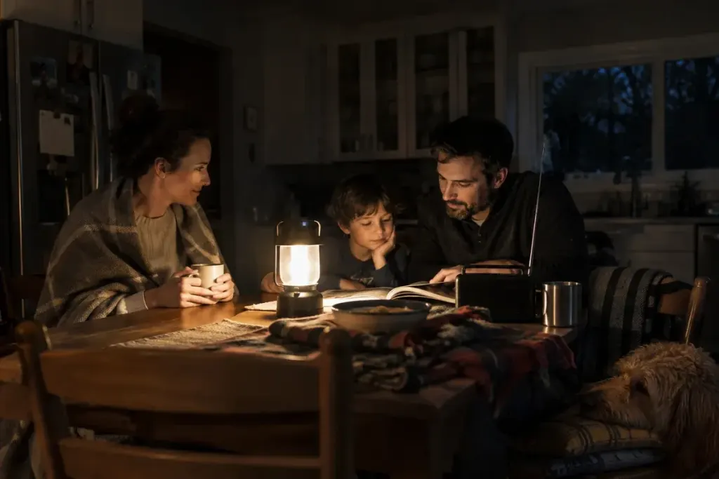 Battery lantern illuminating a calm family kitchen during an evening electricity outage, blankets and radio on table, no candles.