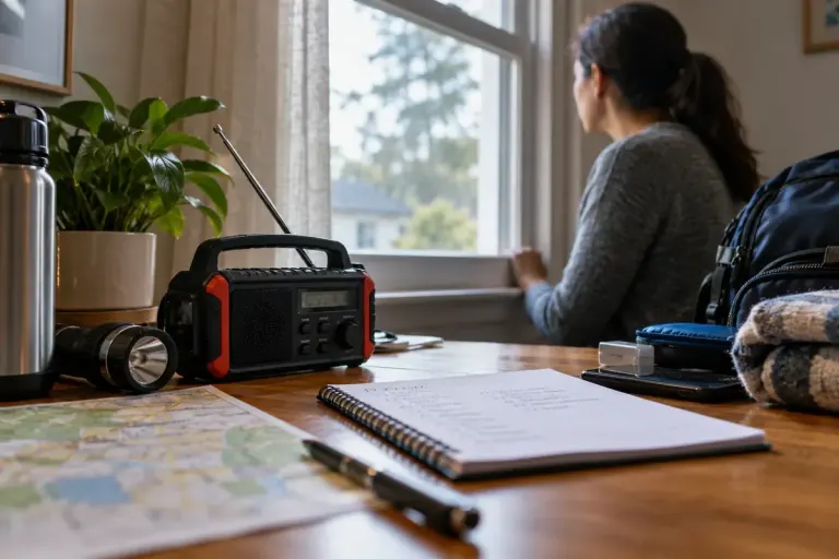 Household emergency radio and written plan on table near closed window.