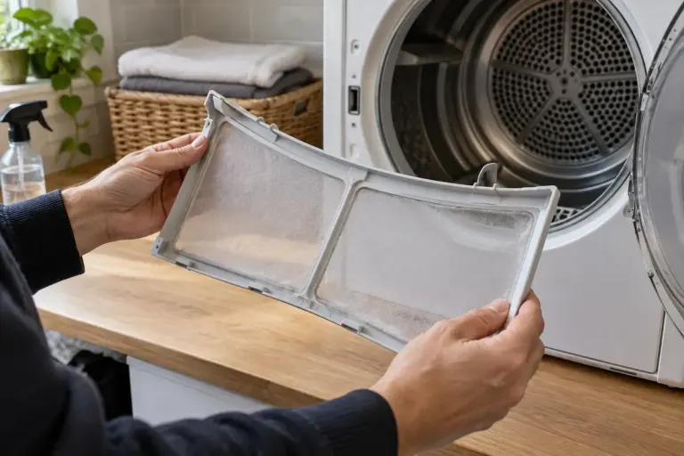 A clean tumble dryer lint screen held above a utility room worktop with dryer unplugged.