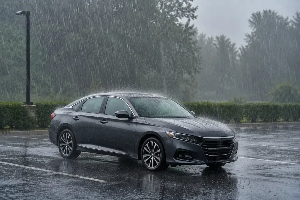 A hard topped car parked safely away from trees in heavy rain, windows closed.