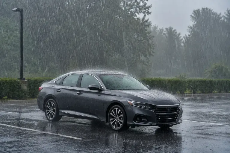 A hard topped car parked safely away from trees in heavy rain, windows closed.