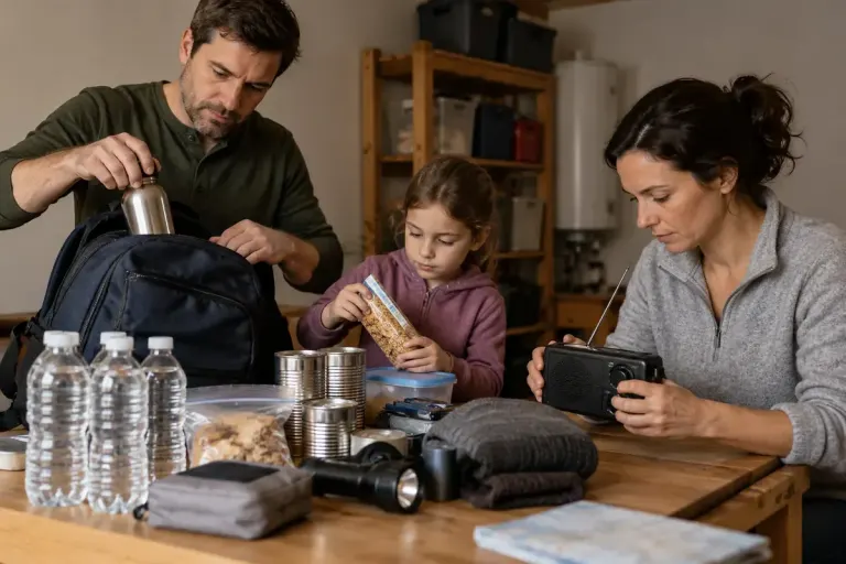 A household arranging an emergency bag and battery radio in a small windowless ground-floor interior room.