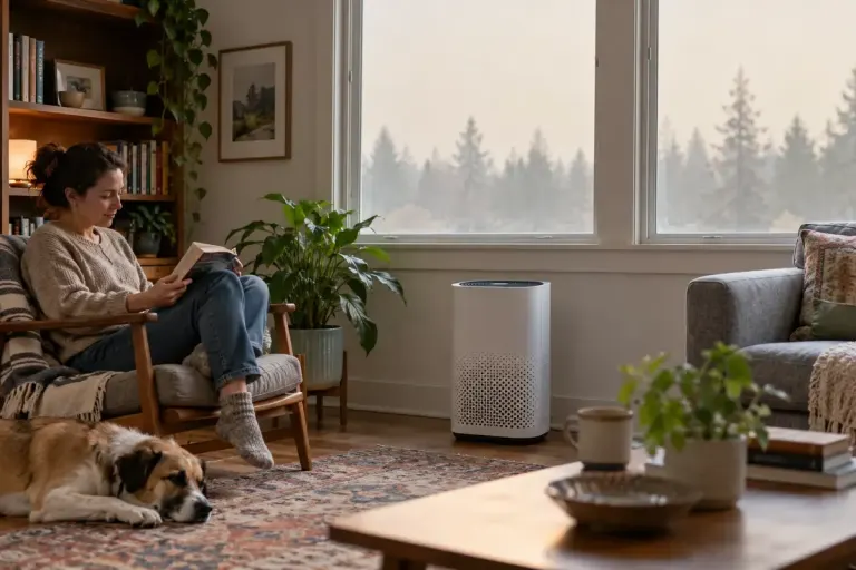 A home room with closed windows and a portable air cleaner standing clear of curtains.